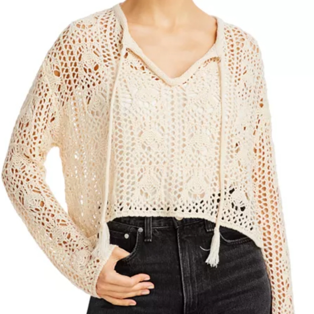 AQUA Bloomingdale's Crochet Open Knit Sweater Pullover Sz XL Ivory grandmacore